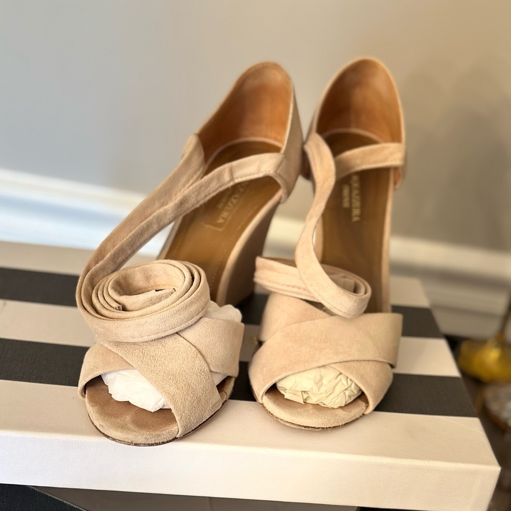 Aquazzura Tarzan Wedge, size 8, suede, color “nude.”